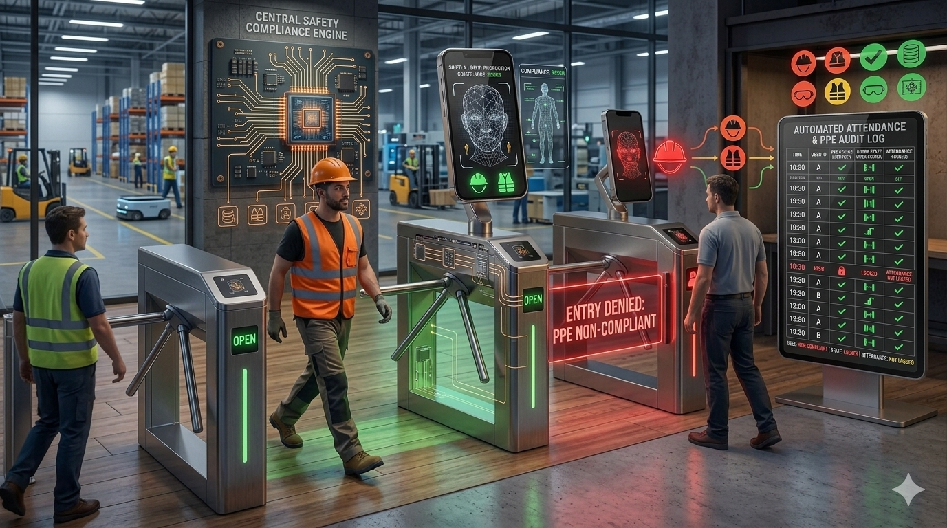 Factory worker using face recognition for access and PPE check